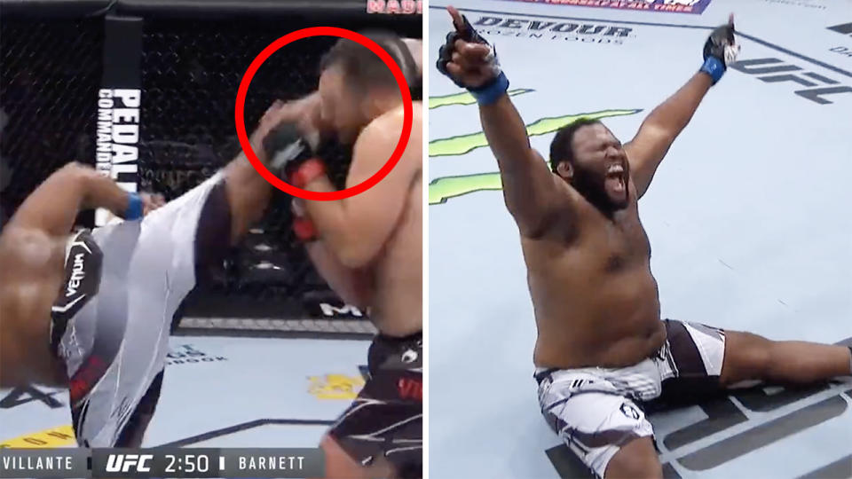 Chris Barnett hit a huge roundhouse kick for the KO at UFC 268 and celebrated with a front flip, landing on his rear.