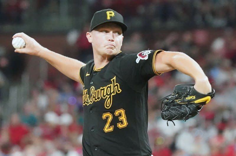 Pittsburgh Pirates starting pitcher Mitch Keller totaled a career-high 210 strikeouts in 2023. File Photo by Bill Greenblatt/UPI