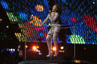 LONDON, ENGLAND - AUGUST 12: Melanie Brown of The Spice Girls performs during the Closing Ceremony on Day 16 of the London 2012 Olympic Games at Olympic Stadium on August 12, 2012 in London, England. (Photo by Hannah Johnston/Getty Images)