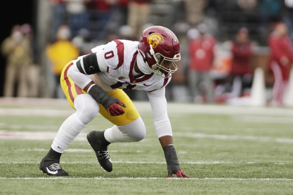 USC defensive lineman Korey Foreman lines up for a play.