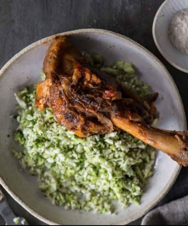 Lamb shanks with cauliflower and broccoli rice. Photo: Scott Gooding Nourished ebook