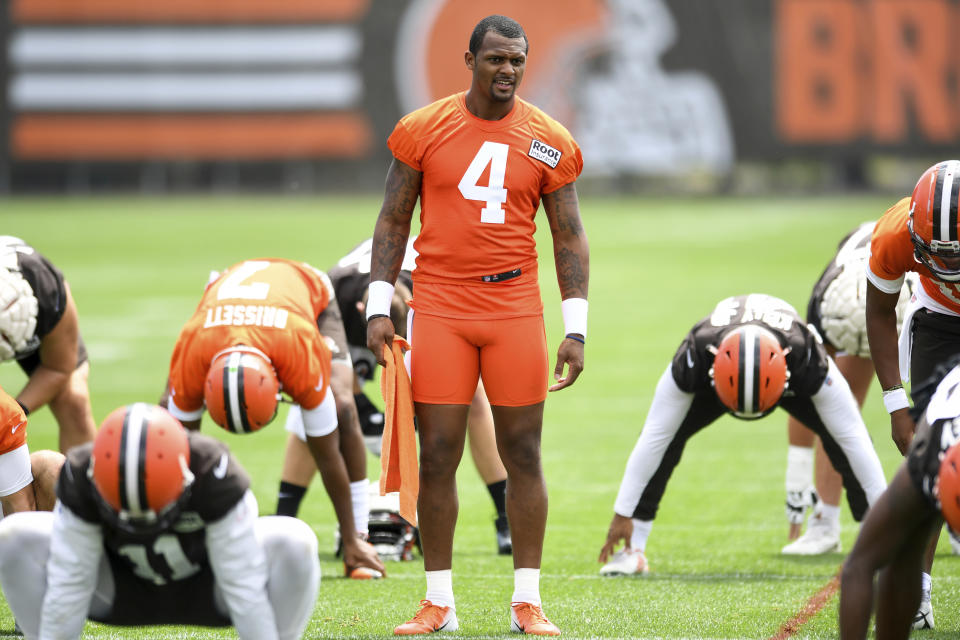 Cleveland Browns quarterback Deshaun Watson warms up during the NFL football team's training camp, Thursday, July 28, 2022, in Berea, Ohio. (AP Photo/Nick Cammett)