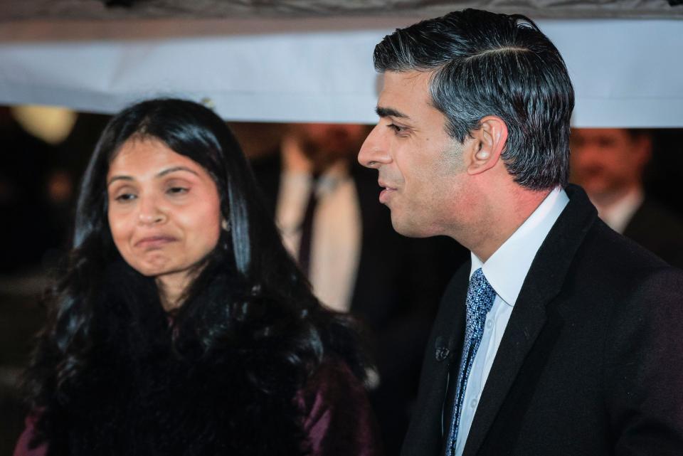 Rishi Sunak, British Prime Minister with his wife Akshata Murty at a Downing Street exterior function, London, UK