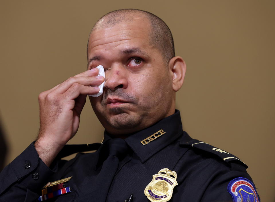 U.S. Capitol Police officer Sgt. Aquilino Gonell becomes emotional as he testifies before the House Select Committee investigating the Jan. 6 attack on Capitol Hill in Washington, U.S., July 27, 2021.  Chip Somodevilla/Pool via REUTERS