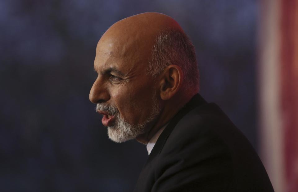 Afghan presidential candidate Ashraf Ghani Ahmadzai speaks during a press conference, in Kabul, Afghanistan, Sunday, April 13, 2014. Two clear front-runners emerged in Afghanistan's presidential election Sunday as partial results showed a tight race between President Hamid Karzai's closest rival in the last vote and a former World Bank official. With 10 percent of the ballots counted, Abdullah Abdullah, who came in second in the disputed 2009 election, had 41.9 percent, followed by Ashraf Ghani Ahmadzai with 37.6 percent. (AP Photo/Rahmat Gul)