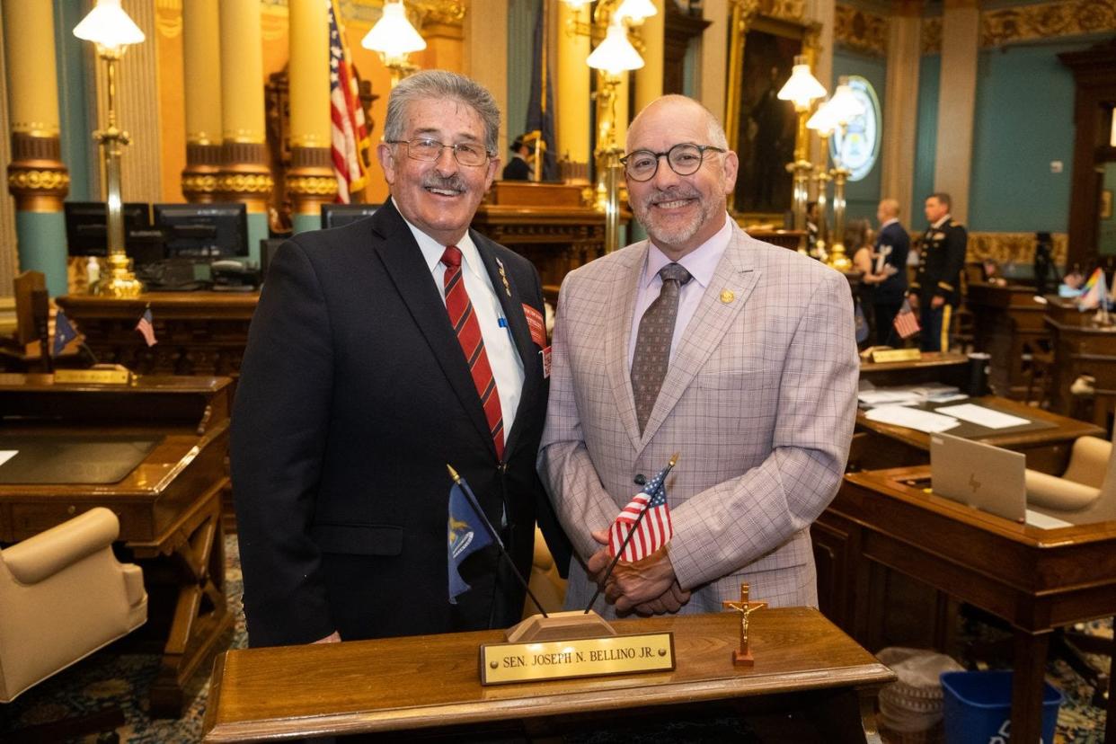 Retired Chief Warrant Officer 5 John Griffith of Monroe County (left) is shown at the state Capitol with Sen. Joe Bellino Jr.