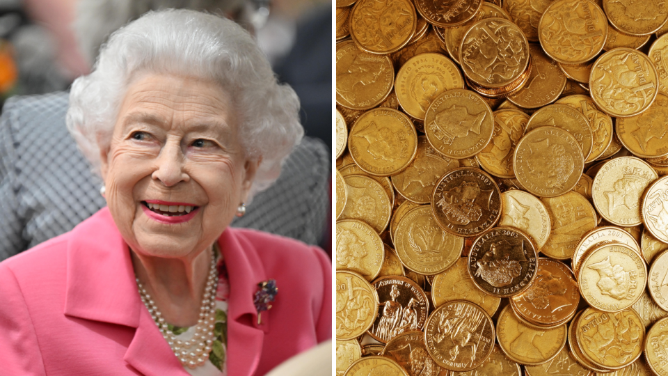 A composite image of Queen Elizabeth II and Australian $1 coins with her effigy.