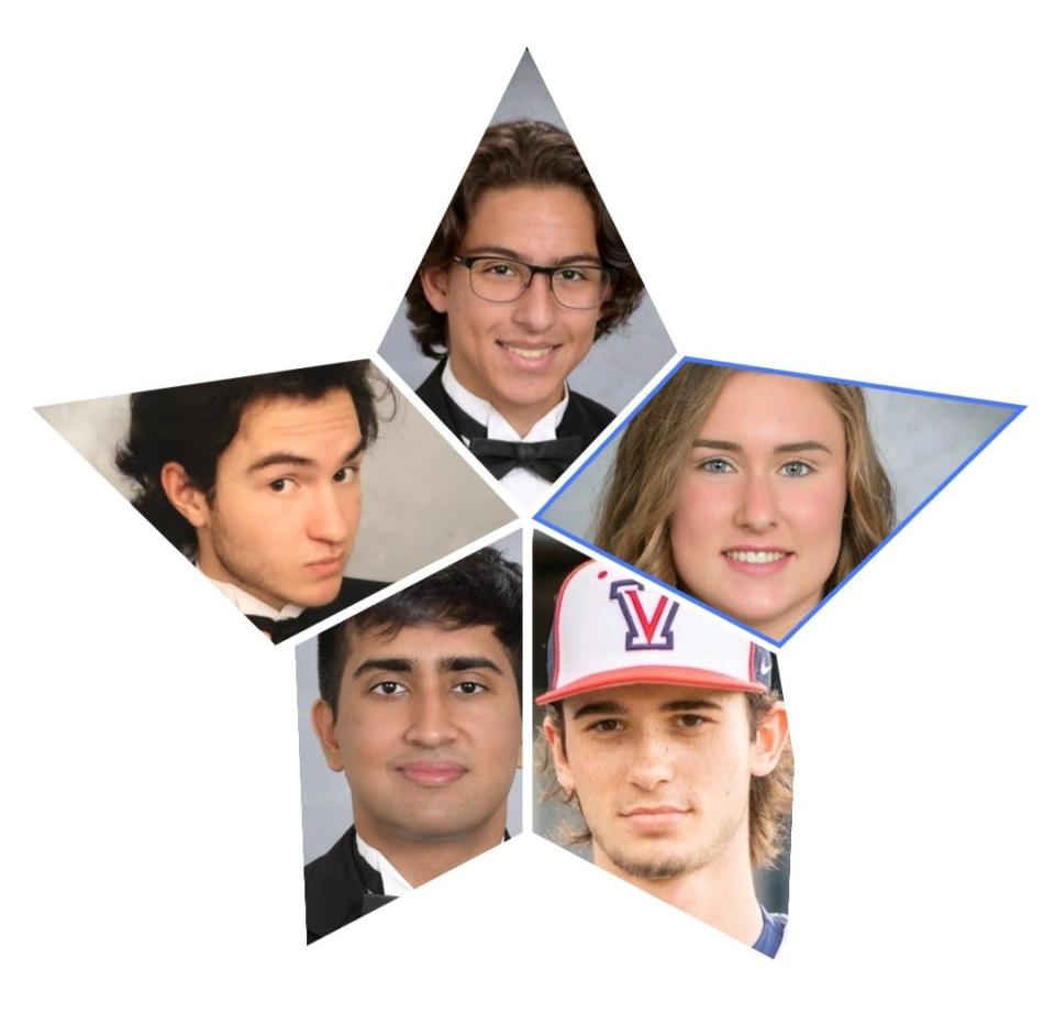 Marion County's five National Merit scholars (in alphabetical order, clockwise from the top) are: Diego Carrascosa, Vanguard High School; Sarah McGinley, Forest High School; Colin McLaughlin, Vanguard High; Rushi Patel, Vanguard High; and Casiel Smith, West Port High School.