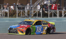 Kyle Busch drives on the front stretch during a NASCAR Cup Series auto race on Sunday, Nov. 17, 2019, at Homestead-Miami Speedway in Homestead, Fla. Busch is one of four drivers running for the championship. (AP Photo/Terry Renna)