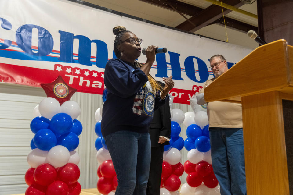 Kathy Williams gives an inspiring rendition of the National Anthem at the Amarillo VA HealthCare System's "Coming Home event" Saturday at the Rex Baxter Building in Amarillo.