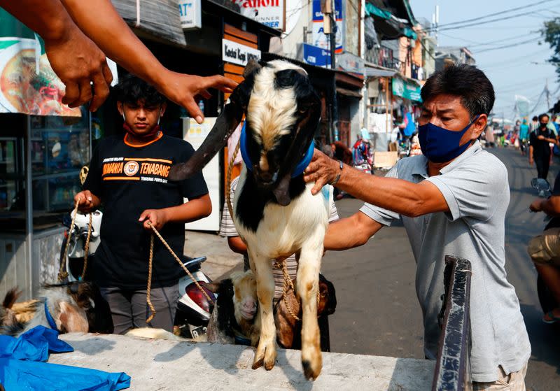 Men carry a goat from a cattle shop ahead of the Eid al-Adha festival, as the coronavirus disease (COVID-19) outbreak continues in Jakarta