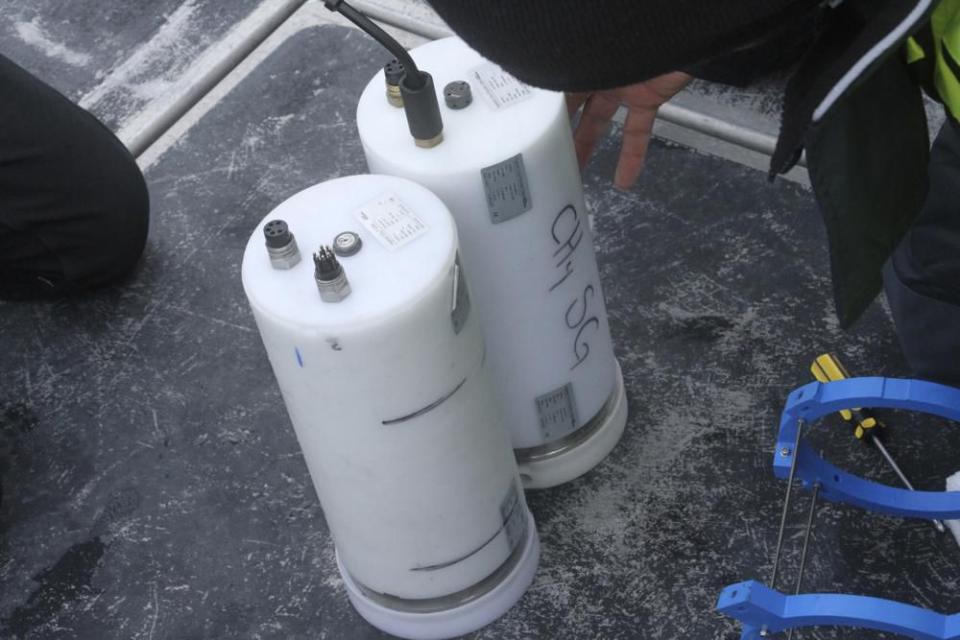 This May 4, 2022, photo shows sensors to measure carbon dioxide and methane, to be used separately on an underwater glider in the Gulf of Alaska. The glider was fitted with special sensors to collect an enormous amount of data to study ocean acidification. (AP Photo/Mark Thiessen)