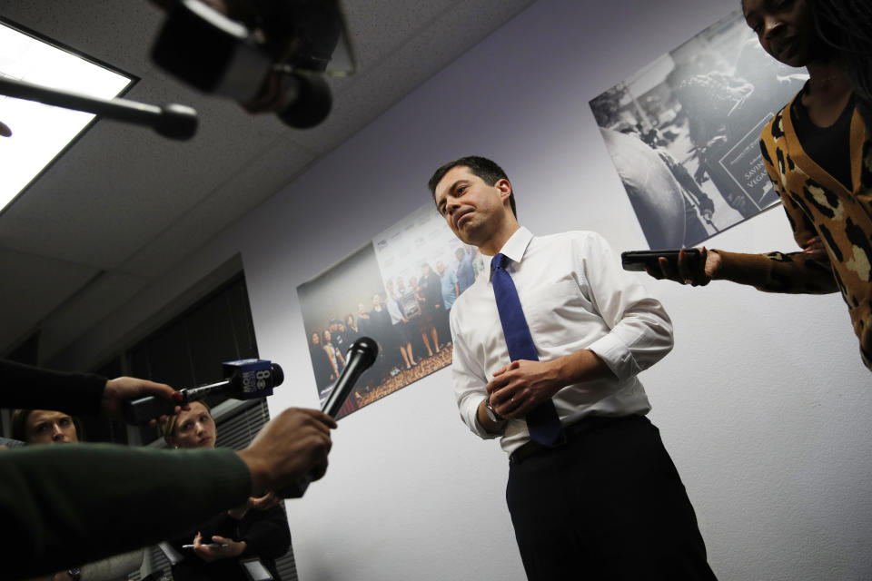 Democratic presidential candidate South Bend, Ind., Mayor Pete Buttigieg speaks with the media after a town hall event with Asian American and Pacific Islander voters Friday, Dec. 20, 2019, in Las Vegas. (AP Photo/John Locher)