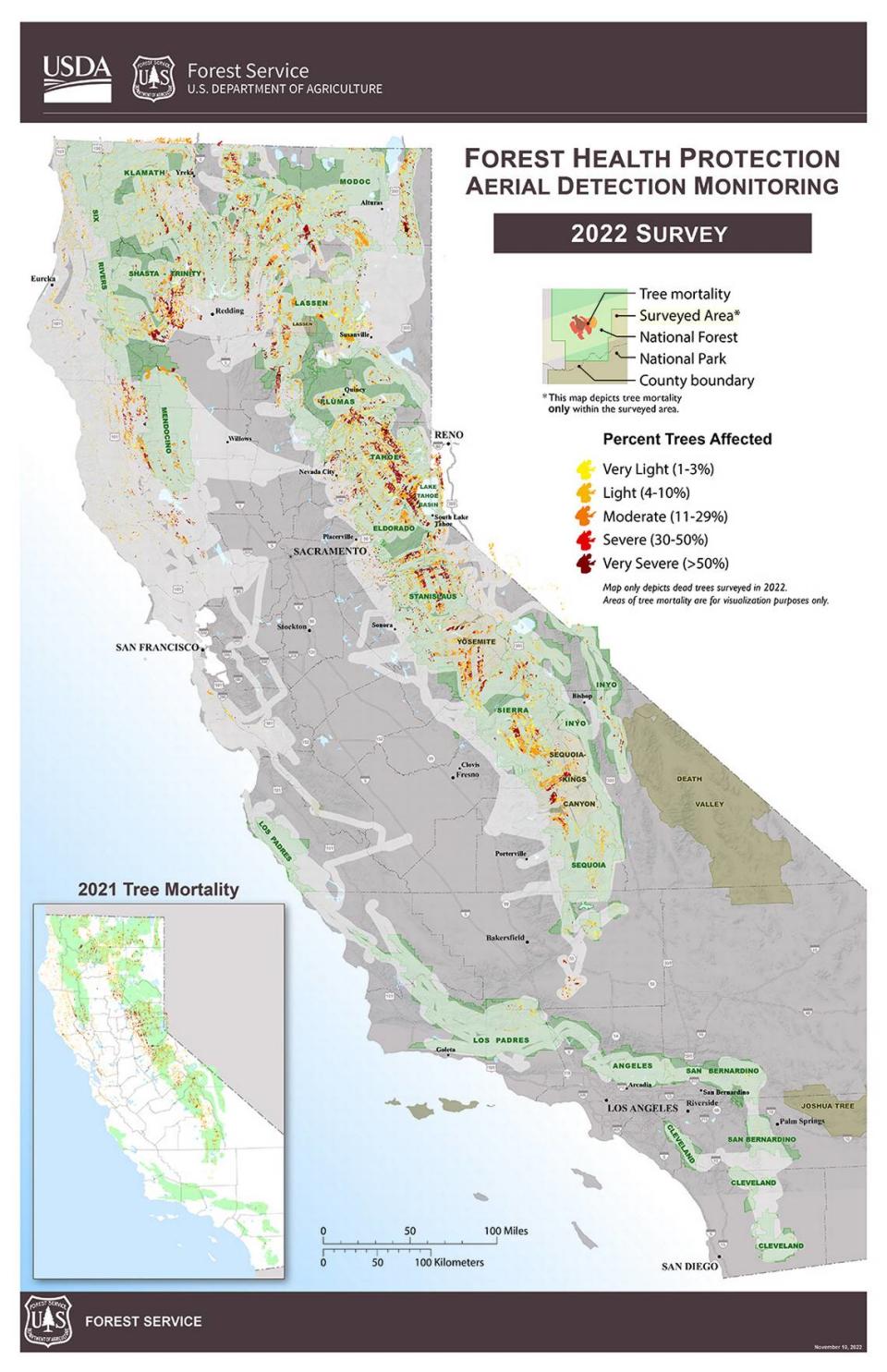 A 2022 aerial survey by the U.S. Forest Service shows tree mortality in 2022. More than 36 million trees died, nearly quadruple the total from 2021.