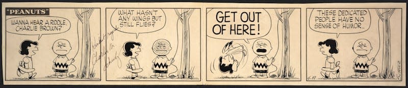 A Peanuts comic strip from April 19, 1956, autographed by artist Charles Schulz.
