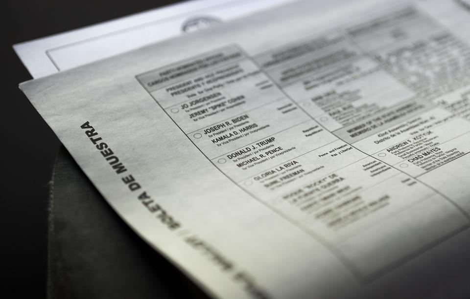 A sample ballot was included in the County Voter Information Guide in the mail from the County of Riverside Registrar of Voters for the presidential election on November 3, 2020.