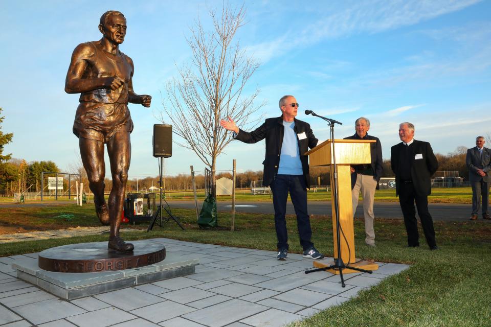 State of running-boom icon George Sheehan is unveiled at Christian Brothers Academy as son Tim Sheehan speaks