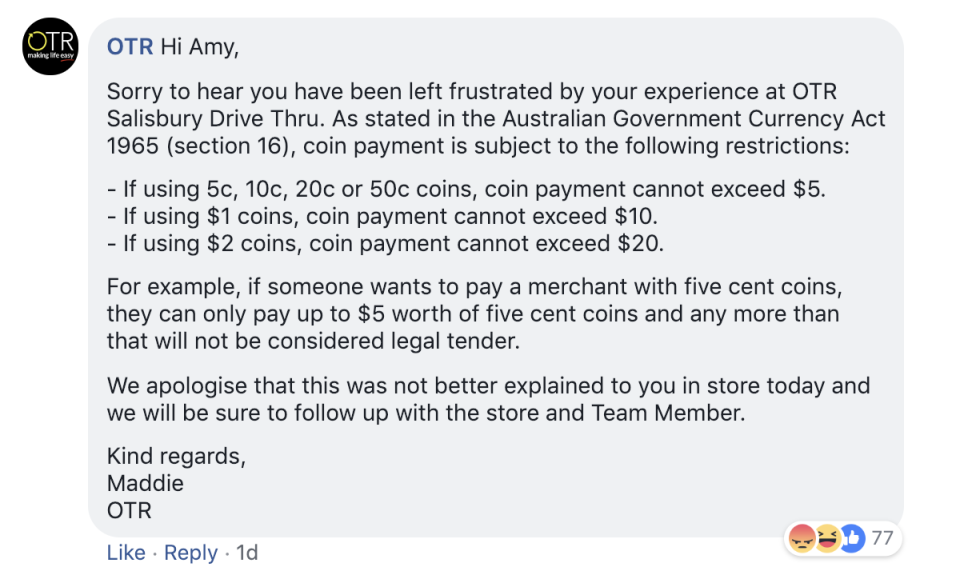As per the section 16 of the Australian Currency Act 1965, payment in 5, 10, 20 and 50 cent coins should not exceed $5. Image: Facebook