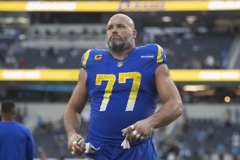 FILE - Los Angeles Rams offensive tackle Andrew Whitworth (77) walks back to the locker room after the team defeats the Detroit Lions in an NFL football game Sunday, Oct. 24, 2021, in Inglewood, Calif. Age is a funny thing in the NFL, where many players are considered “over the hill” in their 30s. And even younger, depending on the position you play. Rams left tackle Andrew Whitworth turns 40 in five weeks — on Dec. 12, fittingly an NFL Sunday. And Los Angeles is off that day with a Monday night game at Arizona, so Whitworth can celebrate with a few naps and then get to bed early. (AP Photo/Kyusung Gong, File)