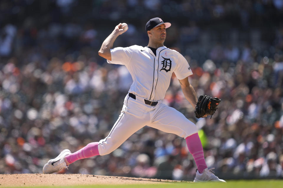 Detroit Tigers pitcher Jack Flaherty throws against the Houston Astros in the fourth inning of a baseball game, Sunday, May 12, 2024, in Detroit. (AP Photo/Paul Sancya)