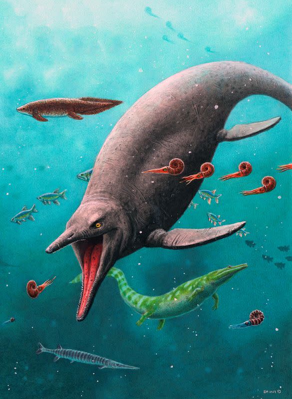 An artist's reconstruction shows the earliest-known Ichthyosaur