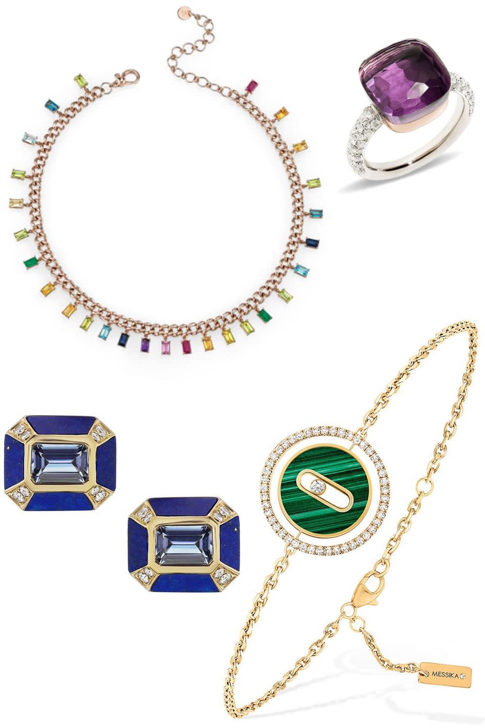 <p>"Vibrant stones and energetic enamel provide a fashion pop! Color instantly updates classic silhouettes and is easily mixed with gold and silver."</p><p><a href="https://go.skimresources.com/?id=74968X1525079&xs=1&url=https%3A%2F%2Fwww.nordstrom.com%2Fs%2Fmessika-lucky-move-malachite-bracelet%2F5962045%3Forigin%3Dcategory-personalizedsort%26breadcrumb%3DHome%252FWomen%252FJewelry%252FFine%2520Jewelry%26fashioncolor%3DBlue%26color%3D701" rel="noopener" target="_blank" data-ylk="slk:Messika;elm:context_link;itc:0;sec:content-canvas" class="link ">Messika</a> Lucky Move Malachite Bracelet, $2,580</p><p><a href="https://go.skimresources.com/?id=74968X1525079&xs=1&url=https%3A%2F%2Fwww.nordstrom.com%2Fs%2Fshay-rainbow-baguette-link-choker-necklace%2F5764348%3Forigin%3Dcategory-personalizedsort%26breadcrumb%3DHome%252FWomen%252FJewelry%252FNecklaces%26color%3D712" rel="noopener" target="_blank" data-ylk="slk:Shay;elm:context_link;itc:0;sec:content-canvas" class="link ">Shay</a> Rainbow Baguette Link Choker Necklace, $8,820</p><p><a href="https://go.skimresources.com/?id=74968X1525079&xs=1&url=https%3A%2F%2Fwww.nordstrom.com%2Fs%2Fpomellato-nudo-maxi-stone-diamond-ring%2F5483589%3Forigin%3Dkeywordsearch-personalizedsort%26breadcrumb%3DHome%252FAll%2520Results%26color%3D500" rel="noopener" target="_blank" data-ylk="slk:Pomellato;elm:context_link;itc:0;sec:content-canvas" class="link ">Pomellato</a> Nudo Maxi Stone Diamond Ring, $5,800</p><p><a href="https://go.skimresources.com/?id=74968X1525079&xs=1&url=https%3A%2F%2Fwww.nordstrom.com%2Fs%2Fsorellina-mini-monroe-inlay-earrings%2F5781409%3Forigin%3Dcategory-personalizedsort%26breadcrumb%3DHome%252FWomen%252FJewelry%252FEarrings%26color%3D710" rel="noopener" target="_blank" data-ylk="slk:Sorellina;elm:context_link;itc:0;sec:content-canvas" class="link ">Sorellina</a> Mini Monroe Inlay Earrings, $4,250 </p>
