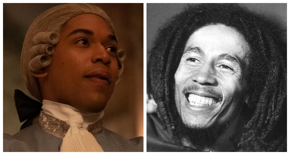 Kelvin Harrison Jr., left, and Bob Marley.