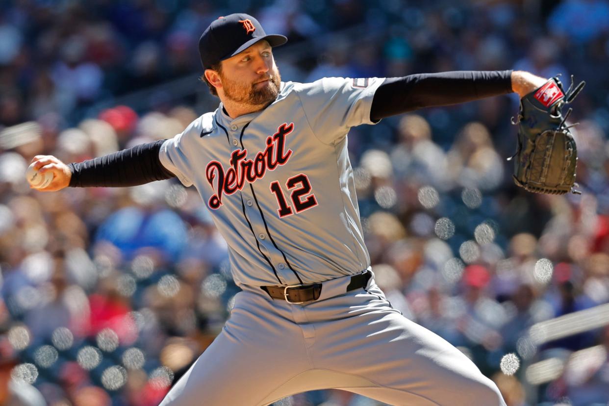 Detroit Tigers starting pitcher Casey Mize throws to the Minnesota Twins in the first inning at Target Field on Sunday, April 21, 2024, in Minneapolis, Minnesota.