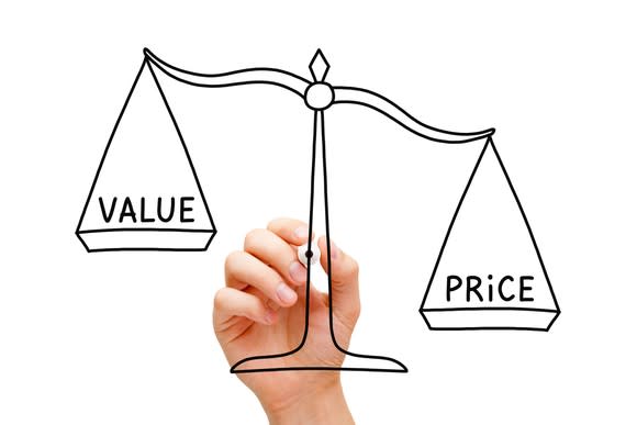 A hand drawing a scale weighing value and price.