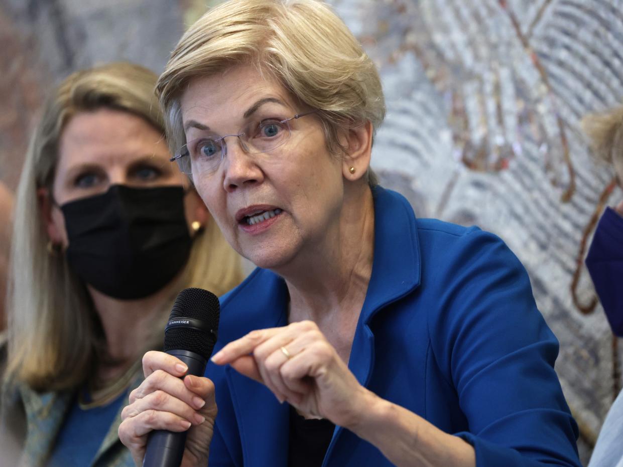 U.S. Sen. Elizabeth Warren (D-MA) speaks on student debt at the AFL-CIO on June 22, 2022 in Washington, DC. The AFL-CIO held an event to discuss “the importance of student debt cancellation for American workers.”