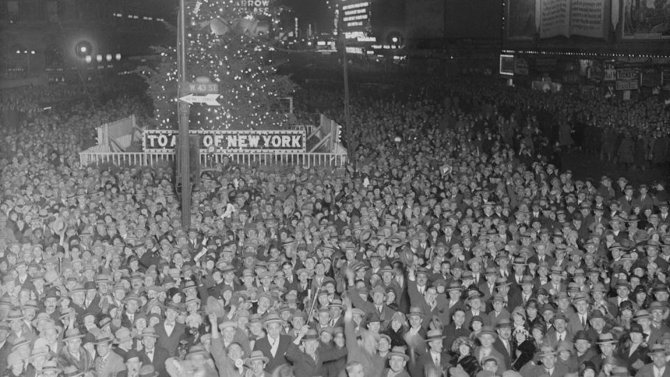 12 31 1926 new york, new york picture shows an aerial view of times square on new years eve watching the ball drop, a new year tradition