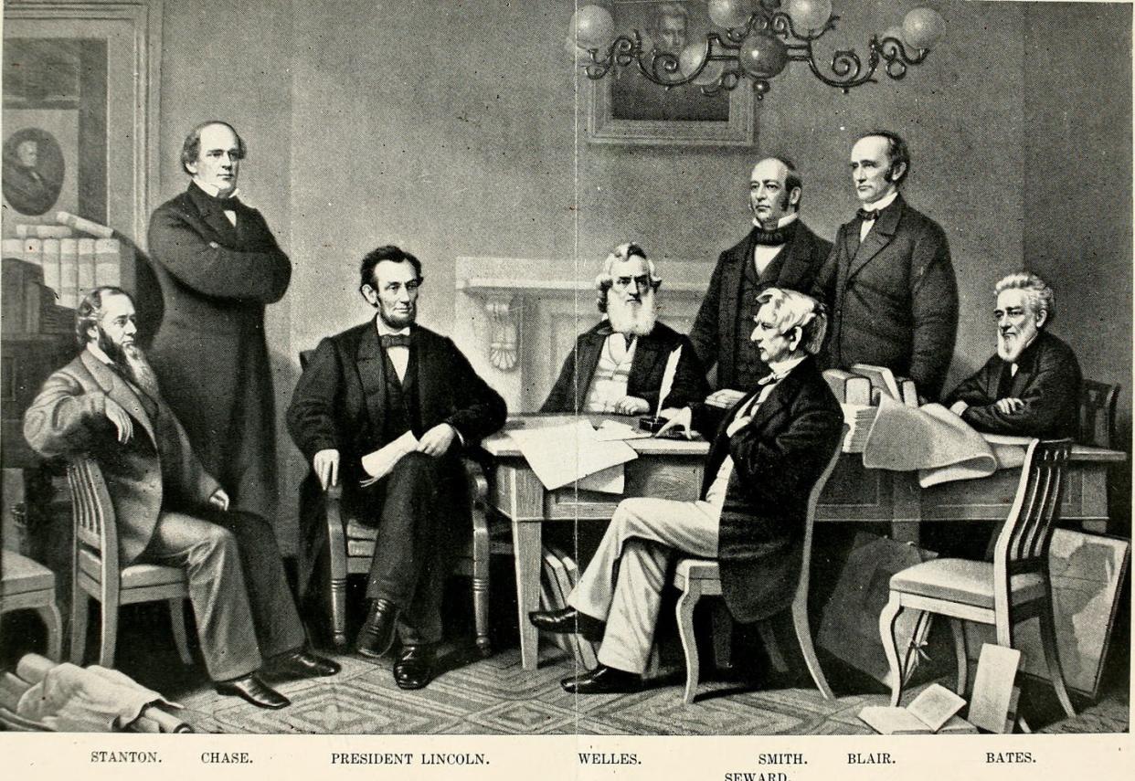 <span class="caption">A meeting of President Abraham Lincoln and his Cabinet.</span> <span class="attribution"><a class="link " href="https://www.flickr.com/photos/internetarchivebookimages/14595389007" rel="nofollow noopener" target="_blank" data-ylk="slk:Internet Book Archive/Flickr;elm:context_link;itc:0;sec:content-canvas">Internet Book Archive/Flickr</a></span>