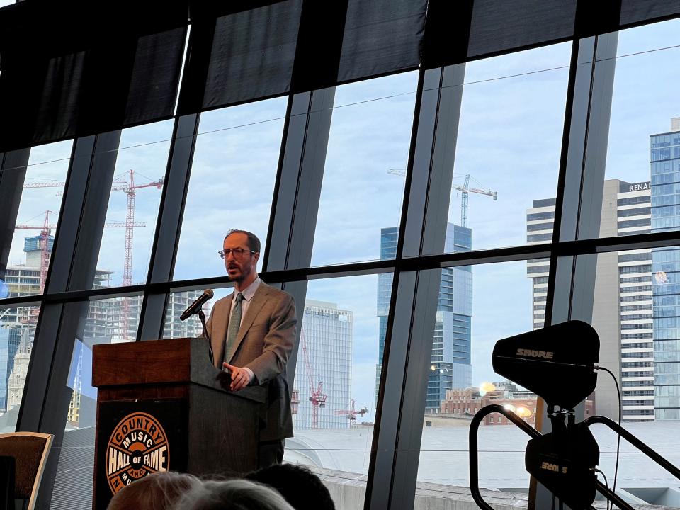 Nashville Mayor Freddie O'Connell speaks at the Emerging Trends in Real Estate gathering at the Country Music Hall of Fame and Museum on Nov. 14, 2023.