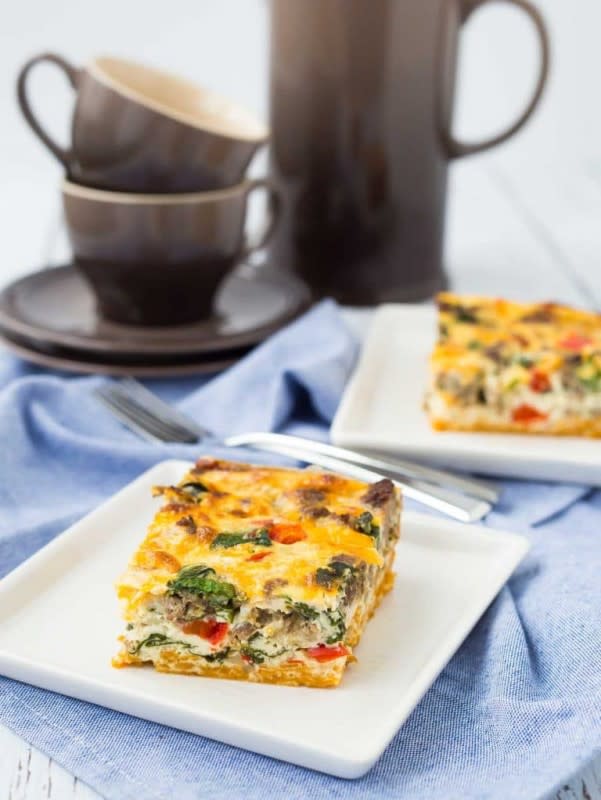 <p>Get the recipe: <a href="https://www.rachelcooks.com/2017/02/22/egg-white-casserole-turkey-sausage/" rel="nofollow noopener" target="_blank" data-ylk="slk:Egg White Casserole with Turkey Sausage and Sweet Potato Crust;elm:context_link;itc:0;sec:content-canvas" class="link "><strong>Egg White Casserole with Turkey Sausage and Sweet Potato Crust</strong></a></p>