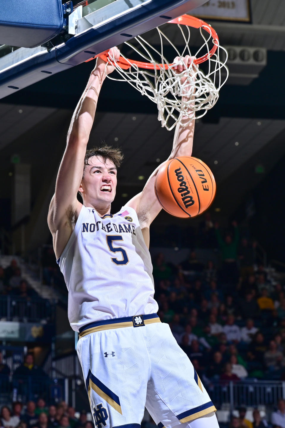 Mar 1, 2023; South Bend, Indiana, USA; Notre Dame Fighting Irish guard Cormac Ryan (5) dunks in the second half against the Pittsburgh Panthers at the Purcell Pavilion. Mandatory Credit: Matt Cashore-USA TODAY Sports