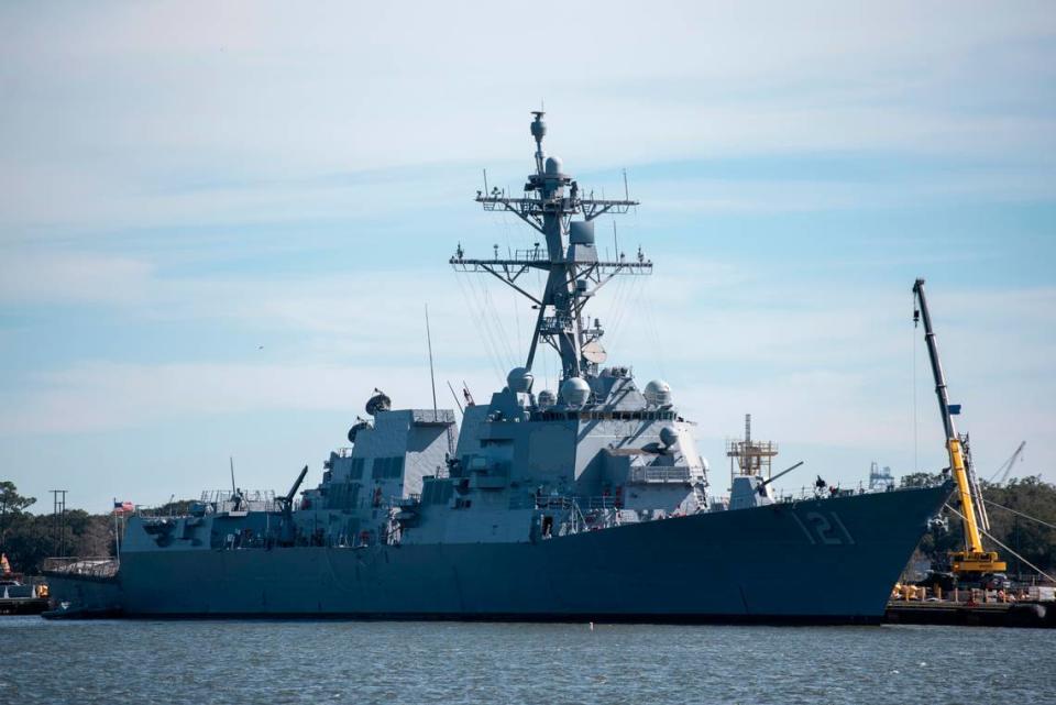 Guided missile destroyer USS Frank E Petersen Jr. (DDG 121) at Ingalls Shipbuilding in Pascagoula on Wednesday, Jan. 26, 2022.