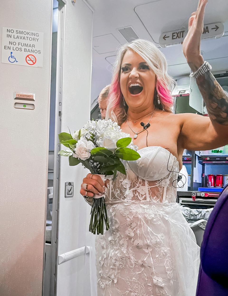 Photos from Pam and Jeremy Salda's in-flight wedding, after a flight cancellation made them miss their elopement to Las Vegas.