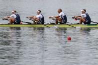 <p>Alex Gregory, Mohamed Sbihi, George Nash and Constantine Louloudis of Great Britain compete in the Men’s Four Final A on Day 7 of the Rio 2016 Olympic Games at Lagoa Stadium on August 12, 2016 in Rio de Janeiro, Brazil. (Getty) </p>