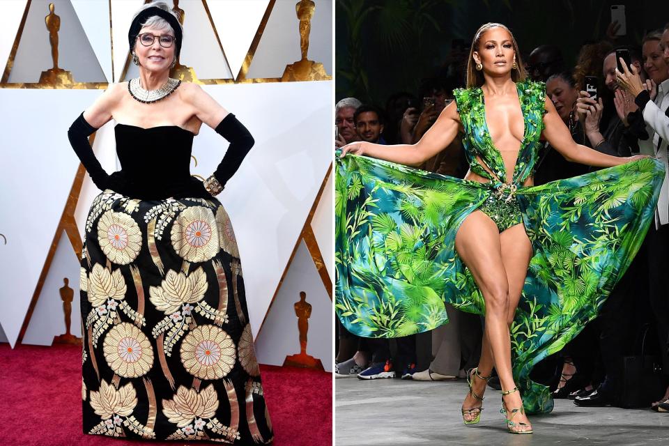 Rita Moreno at the Oscars, 2018, and Jennifer Lopez at Milan Fashion Week, 2019