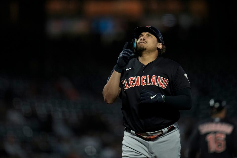 Cleveland Guardians' Josh Naylor celebrates after hitting a two-run home run against the San Francisco Giants during the third inning of a baseball game Monday, Sept. 11, 2023, in San Francisco. (AP Photo/Godofredo A. Vásquez)
