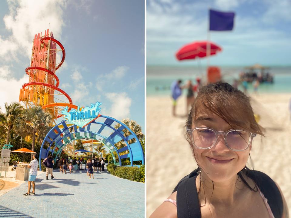 Thrill Waterpark (L) and the author in front of the shore at the beach in CocoCay