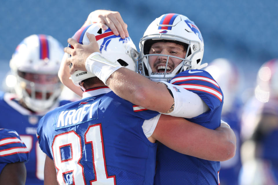 ORCHARD PARK, NEW YORK - NOVEMBER 08: Tyler Kroft #81 of the Buffalo Bills and Josh Allen #17 celebrate a touchdown during the first half against the Seattle Seahawks at Bills Stadium on November 08, 2020 in Orchard Park, New York. (Photo by Bryan M. Bennett/Getty Images)