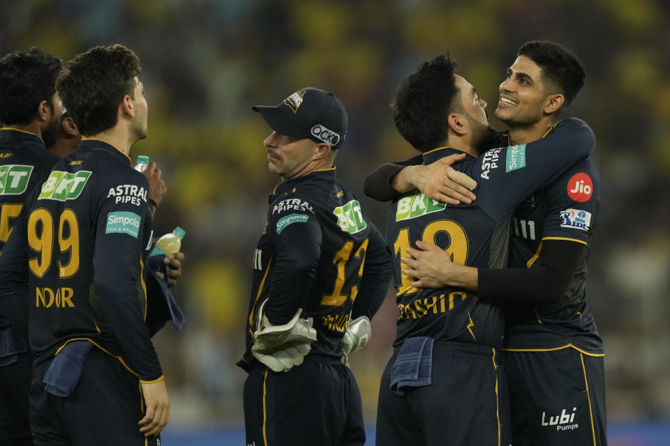 Gujarat Titans team players celebrate the wicket of Chennai Super Kings' Captain Ruturaj Gaikwad during the Indian Premier League cricket match between Gujarat Titans and Chennai Super Kings in Ahmedabad, India, Friday, May 10, 2024.(AP Photo/Ajit Solanki)