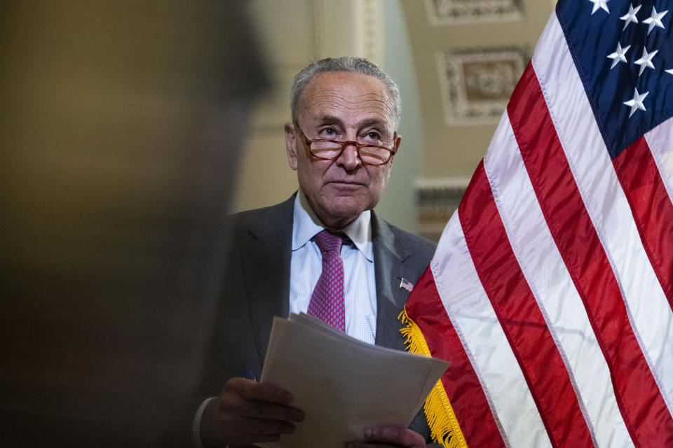 Senate Majority Leader Charles Schumer holds a news conference at the Capitol on Tuesday, May 24, 2022. / Credit: Tom Williams/CQ-Roll Call, Inc via Getty Images