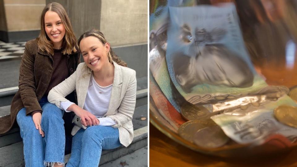 Sophie Dicker and Maddie Guest sit on steps and smile, jar with Australian cash in it. 