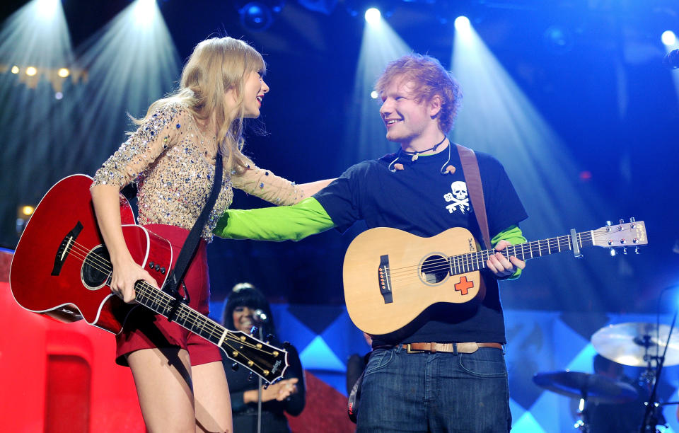 Singers Taylor Swift and Ed Sheeran perform together at Z100&#39;s Jingle Ball 2012 presented by Aeropostale at Madison Square Garden on Friday Dec. 7, 2012 in New York. (Photo by Evan Agostini/Invision/AP)