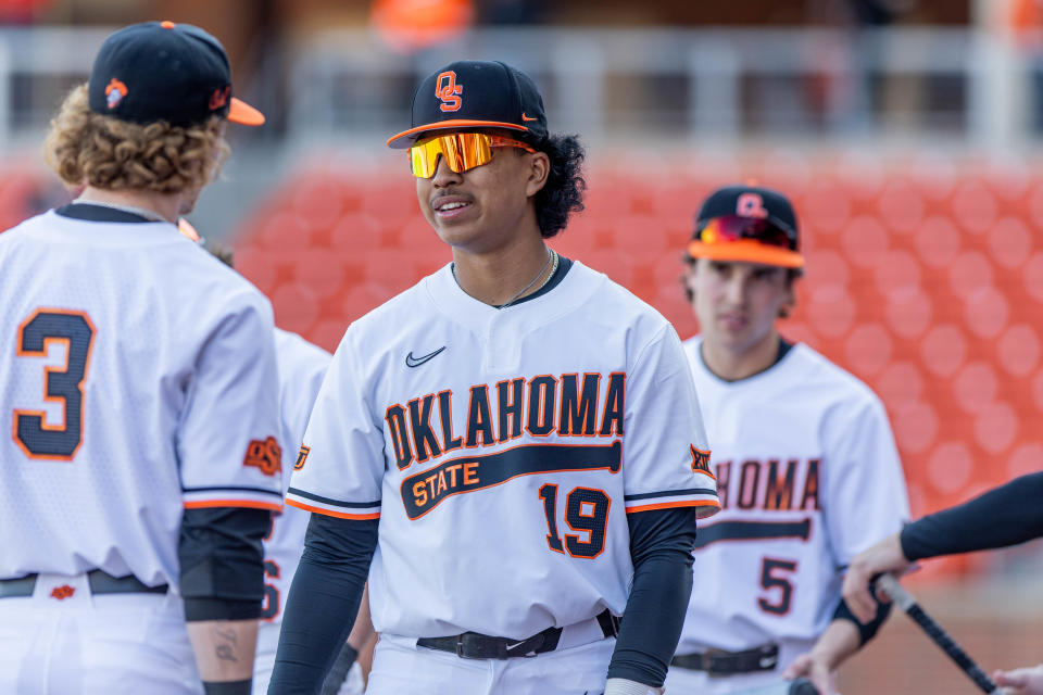 Donovan LaSalle (19) hit a three-run home run in the seventh inning Sunday of OSU's 9-5 win against OU at O'Brate Stadium in Stillwater.