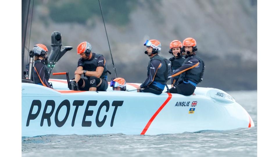 Catherine, Duchess of Cambridge (second right) onboard Sir Ben Ainslie's Great Britain SailGP F50 foiling catamaran 