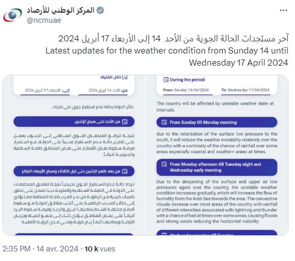 <span>Capture d'écran, réalisée le 26 avril 2024, d'un bulletin du Centre émirati de météorologie publié sur X le 14 avril, deux jours avant la tempête</span>