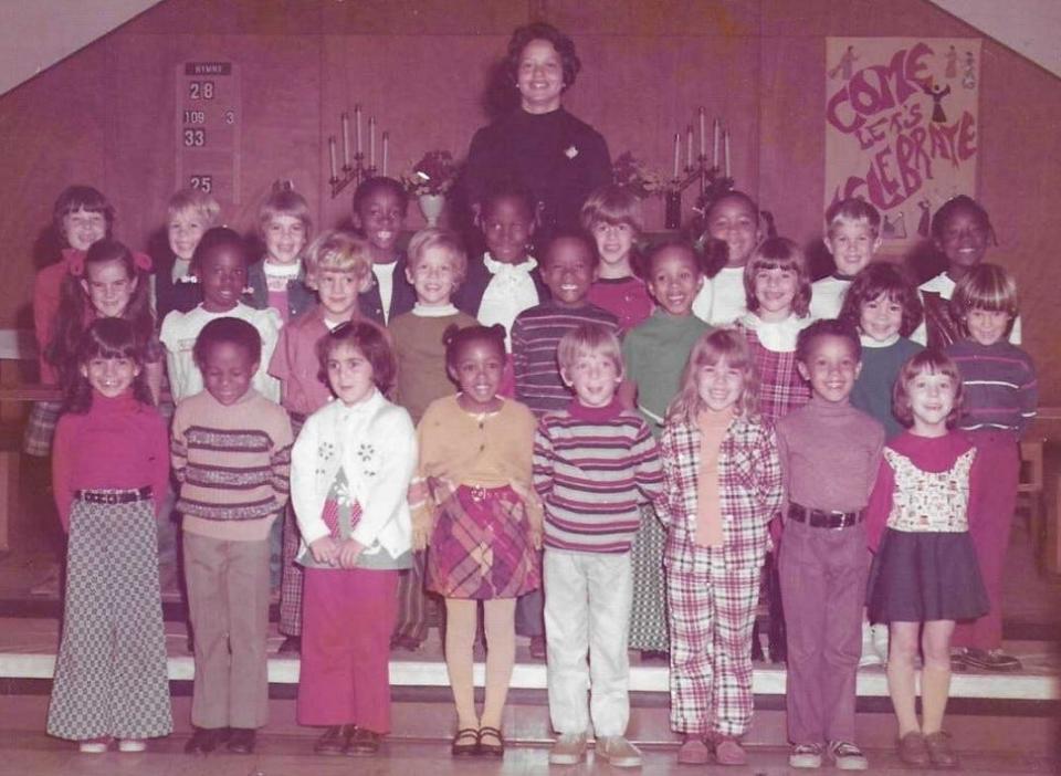 Carolyn Lenhardt with one of her early 1970s classes at St. Anthony of Padua Catholic School in Greenville SC